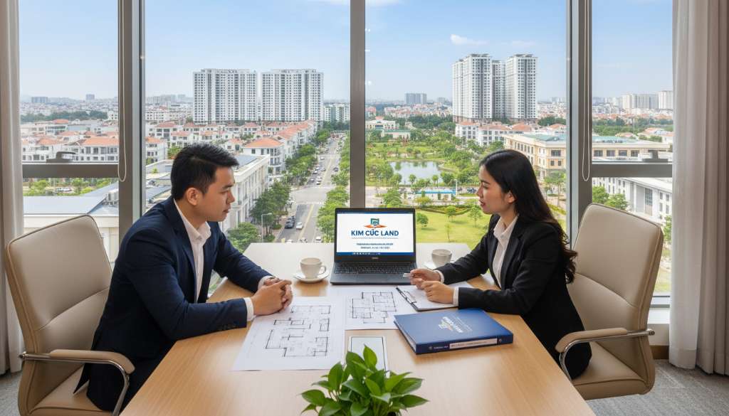 Một cặp vợ chồng trẻ Việt Nam đang ngồi cùng nhân viên tư vấn bất động sản tại văn phòng giao dịch hiện đại, trên bàn có bản vẽ mặt bằng căn hộ và laptop đang hiển thị thông tin dự án. Ánh sáng tự nhiên từ cửa kính lớn, không gian chuyên nghiệp, ấm áp. Phong cách chụp lifestyle thương mại, chất lượng 4K.