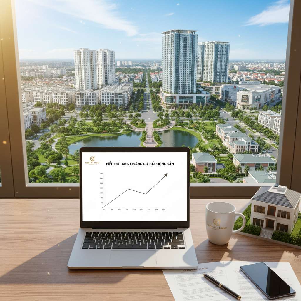Bàn làm việc có laptop đang hiển thị biểu đồ tăng trưởng giá bất động sản, bên cạnh là tách cà phê và mô hình ngôi nhà nhỏ. Ánh sáng tự nhiên từ cửa sổ, phong cách chụp flatlay business, tông màu ấm, chất lượng 4K.