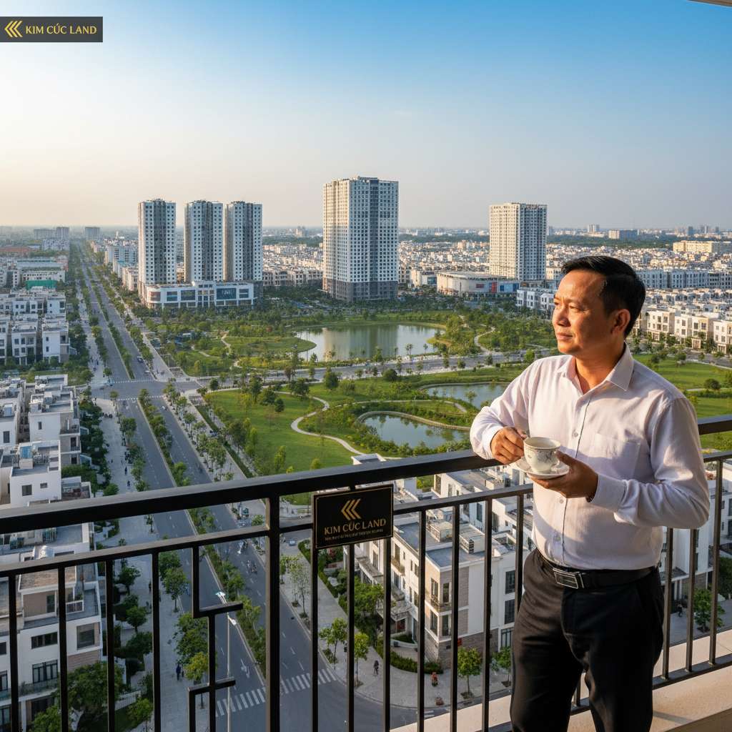 Người đàn ông Việt Nam trung niên mặc áo sơ mi lịch sự đang đứng tựa lan can ban công tầng cao, tay cầm tách trà, nhìn ra quang cảnh thành phố xanh mát với nhiều tòa nhà và cây xanh phía xa. Ánh sáng golden hour, phong cách chụp portrait lifestyle sang trọng, chất lượng 4K.