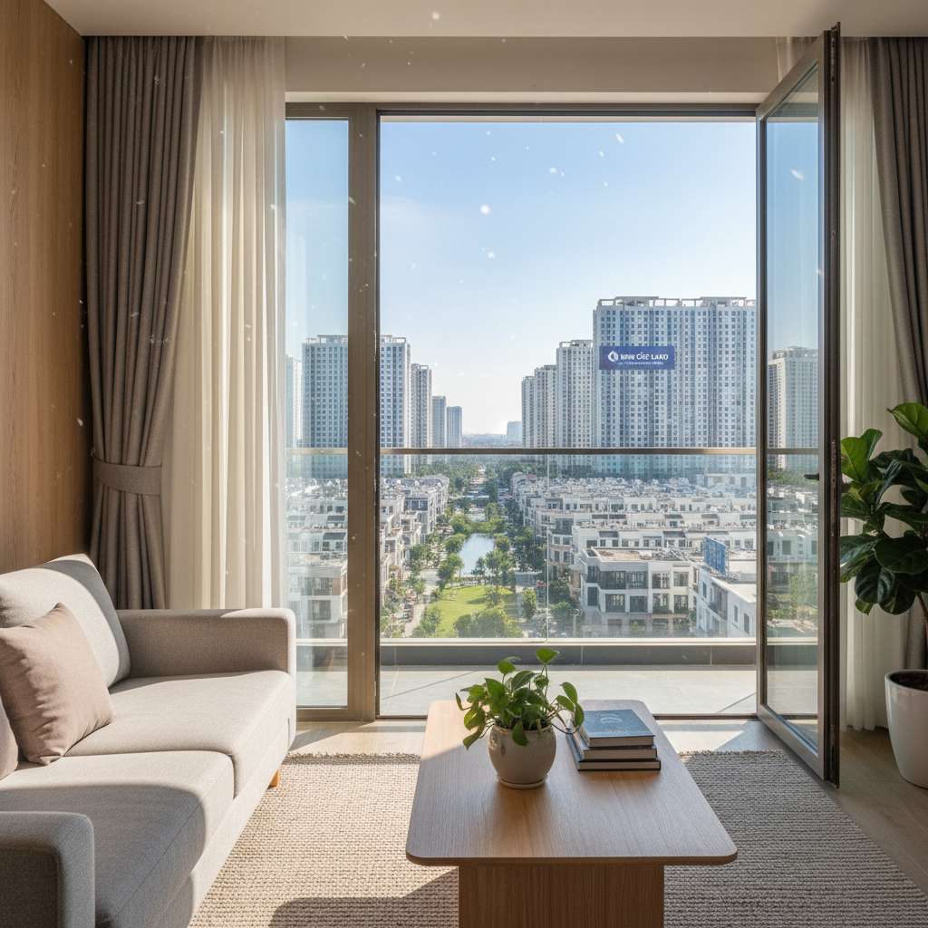 Phòng khách căn hộ chung cư hiện đại với sofa vải xám nhạt, bàn trà gỗ tự nhiên, cây xanh trang trí, cửa ban công mở rộng cho ánh sáng tự nhiên tràn vào. Không gian tối giản, ấm cúng, phong cách Scandinavian pha Việt Nam. Phong cách chụp interior design, ánh sáng tự nhiên, chất lượng 4K.