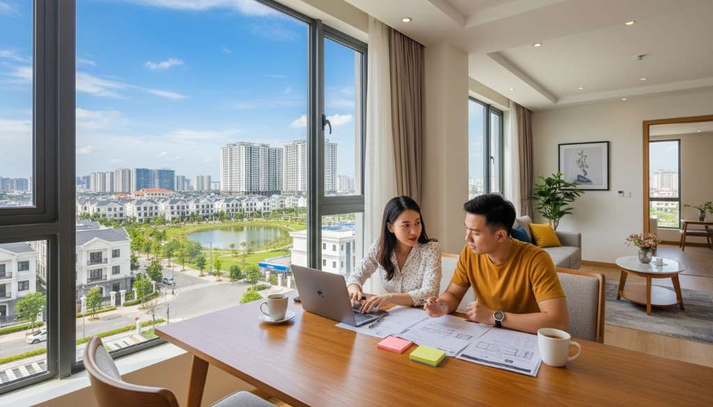 Cặp vợ chồng tham khảo thông tin về chung cư