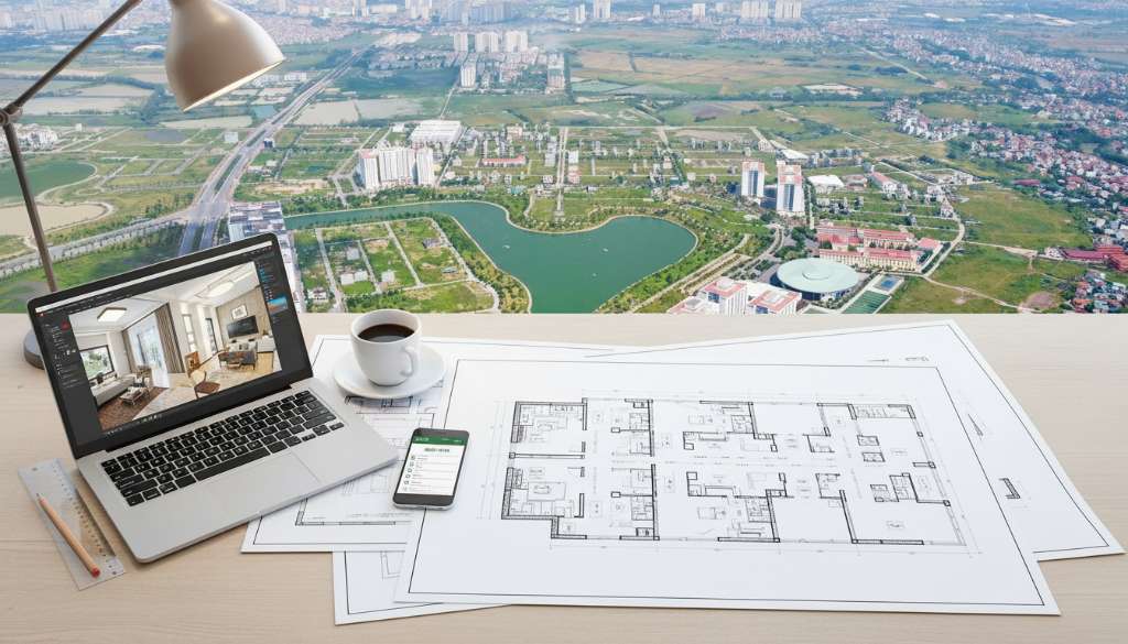 Góc nhìn từ trên xuống bàn làm việc với bản vẽ thiết kế căn hộ trải rộng, bên cạnh là laptop mở phần mềm thiết kế nội thất, cây bút chì, thước kẻ, tách cà phê và điện thoại hiển thị danh sách công việc. Ánh sáng mềm mại từ đèn bàn, phong cách flatlay chuyên nghiệp, 4K.