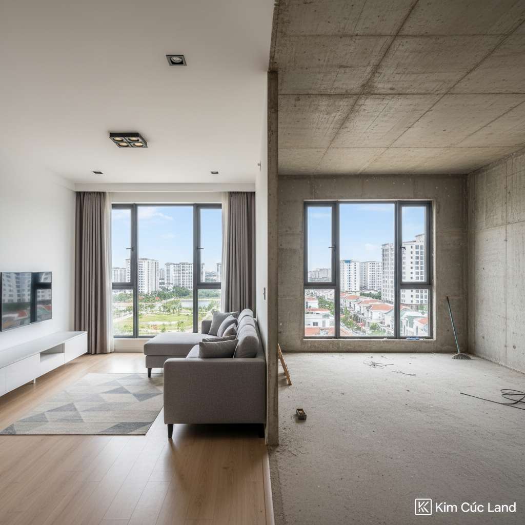 Nội thất căn hộ chung cư nhìn từ cửa vào, một nửa đã hoàn thiện nội thất hiện đại với sofa, kệ tivi, sàn gỗ sáng màu — nửa còn lại để trần bê tông thô, lộ cột và dầm kết cấu. Concept 