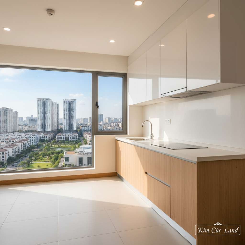 Không gian bếp căn hộ chung cư sau cải tạo, tủ bếp trên dưới màu trắng kết hợp gỗ sáng, mặt bếp đá trắng sạch sẽ, bếp từ âm, máy hút mùi inox, cửa sổ nhỏ bên cạnh. Góc chụp 3/4 từ phòng khách nhìn vào, ánh sáng ấm, phong cách minimalist Việt Nam, 4K.