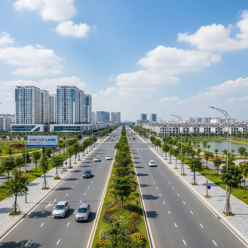 Con đường đô thị mới hoàn thiện rộng 6 làn xe với dải phân cách trồng hoa và cây bóng mát, vỉa hè lát gạch sạch sẽ, đèn chiếu sáng hiện đại hai bên, vài chiếc ô tô chạy thưa thớt, bầu trời xanh trong với mây trắng, phong cách chụp kiến trúc đô thị, ánh sáng ban ngày, 4K