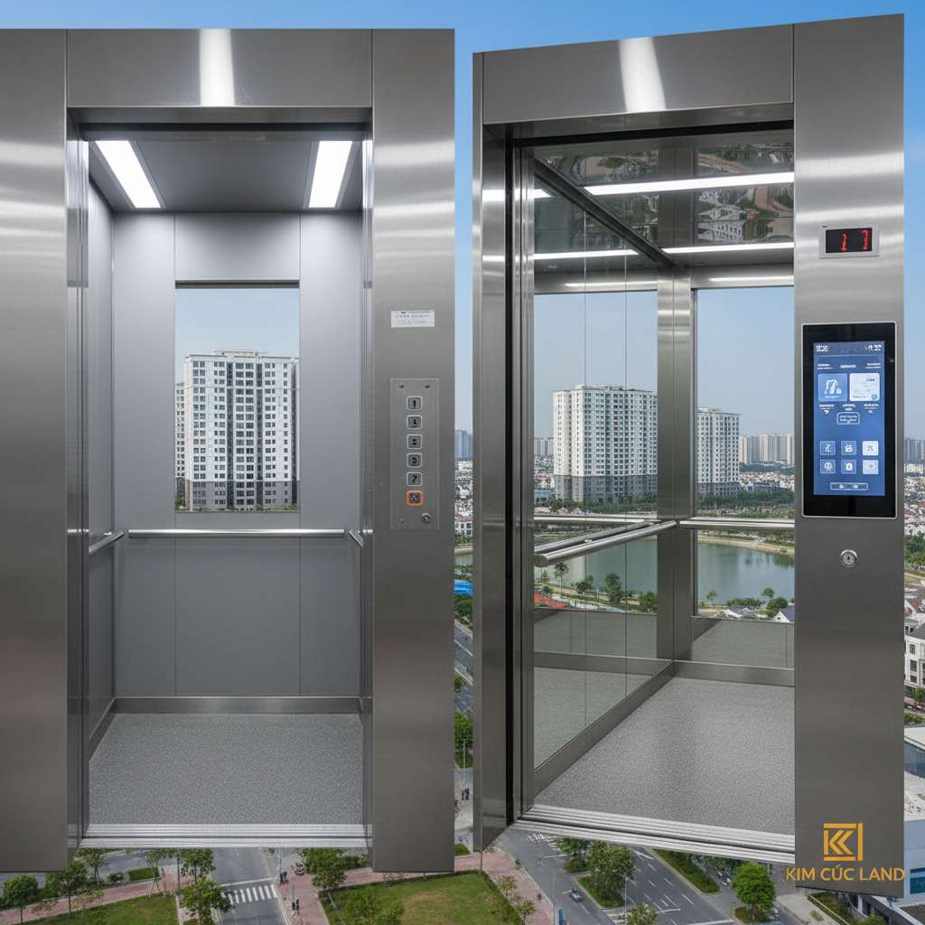 Hai cabin thang máy đặt cạnh nhau để so sánh — bên trái là cabin thang máy đời cũ với nội thất đơn giản tông xám, bên phải là cabin thang máy hiện đại với gương sáng, đèn LED và bảng điều khiển cảm ứng, phong cách infographic nhiếp ảnh sản phẩm, nền trắng, ánh sáng studio đều, 4K