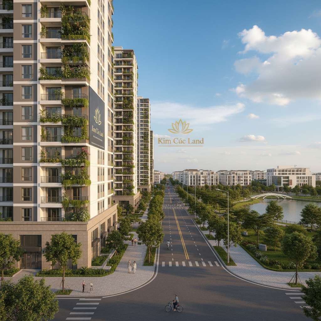 Dãy chung cư cao tầng hiện đại nhìn từ góc đường nội khu, mặt tiền tòa nhà sáng sủa với ban công xanh cây, đường nội khu rộng rãi có cây xanh hai bên, vài người đi bộ và xe đạp, bầu trời xanh trong với vài đám mây trắng, phong cách nhiếp ảnh đô thị, ánh sáng buổi chiều vàng ấm, 4K