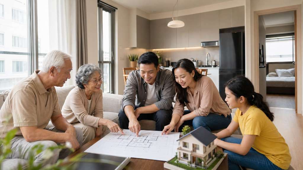 Cả nhà quây quần xem bản vẽ căn hộ mới