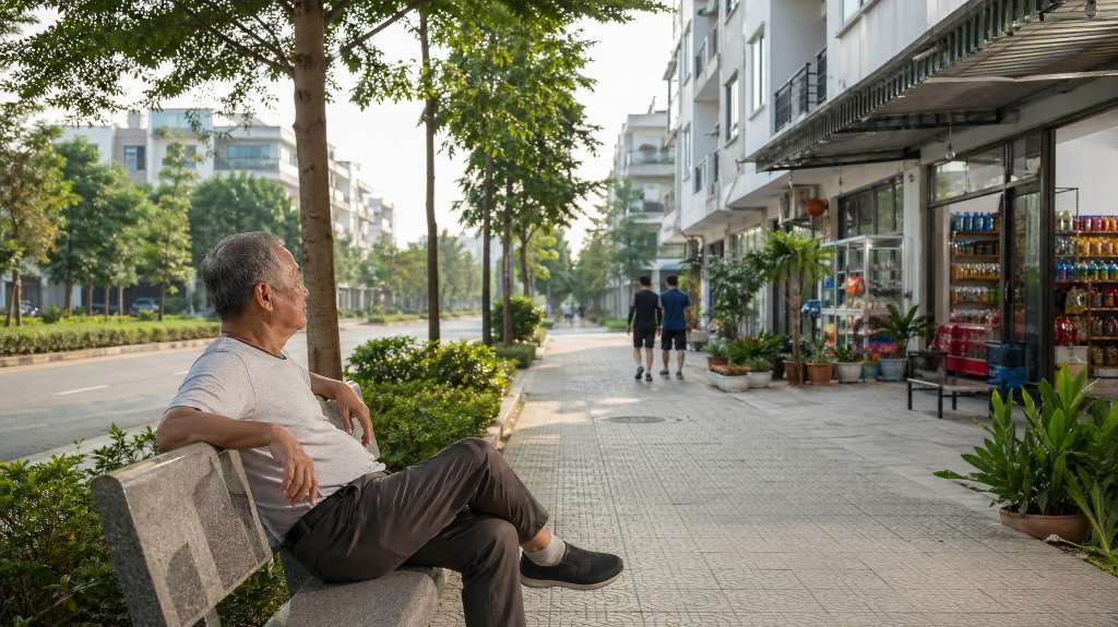 Cụ ông thư thái ngồi nghỉ trên ghế đá ven đường