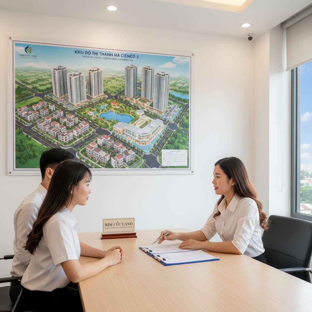 Nhân viên tư vấn Kim Cúc Land mặc áo sơ mi trắng ngồi đối diện cặp vợ chồng trẻ tại bàn tư vấn trong văn phòng sáng sủa, tay chỉ vào tài liệu hợp đồng trên bàn, phía sau là bản đồ quy hoạch khu đô thị Thanh Hà treo trên tường. Không gian chuyên nghiệp, tông màu trắng và gỗ sáng, ánh đèn ấm, góc chụp ngang tầm mắt từ bên cạnh, phong cách nhiếp ảnh doanh nghiệp.