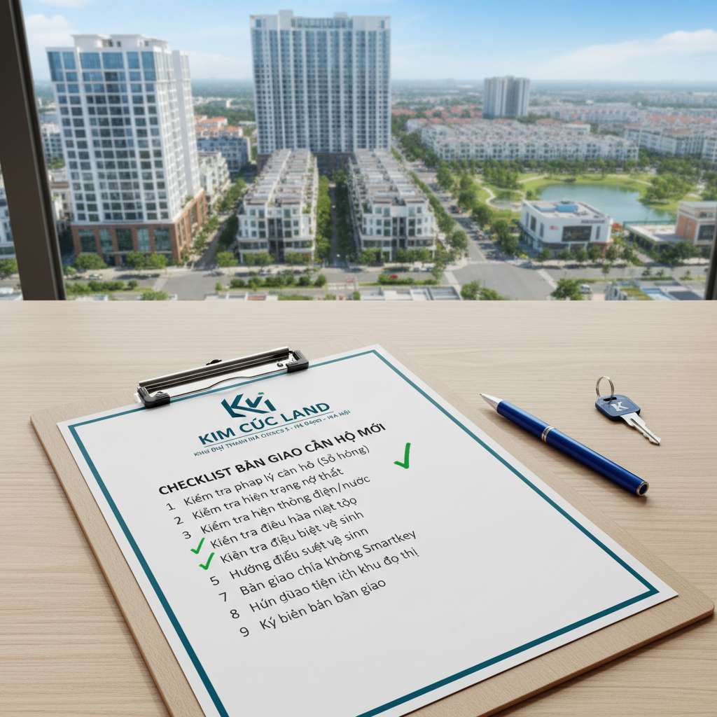 Tờ checklist in trên giấy A4 được đặt trên bàn clipboard gỗ, bên cạnh là cây bút bi và chìa khóa căn hộ mới, một số dòng đã được đánh dấu tích xanh. Nền bàn gỗ sáng, ánh sáng tự nhiên, góc chụp nghiêng 45 độ từ trên xuống, chữ tiếng Việt rõ nét trên tờ giấy, logo Kim Cúc Land ở header tờ checklist, phong cách chụp flatlay sạch sẽ.