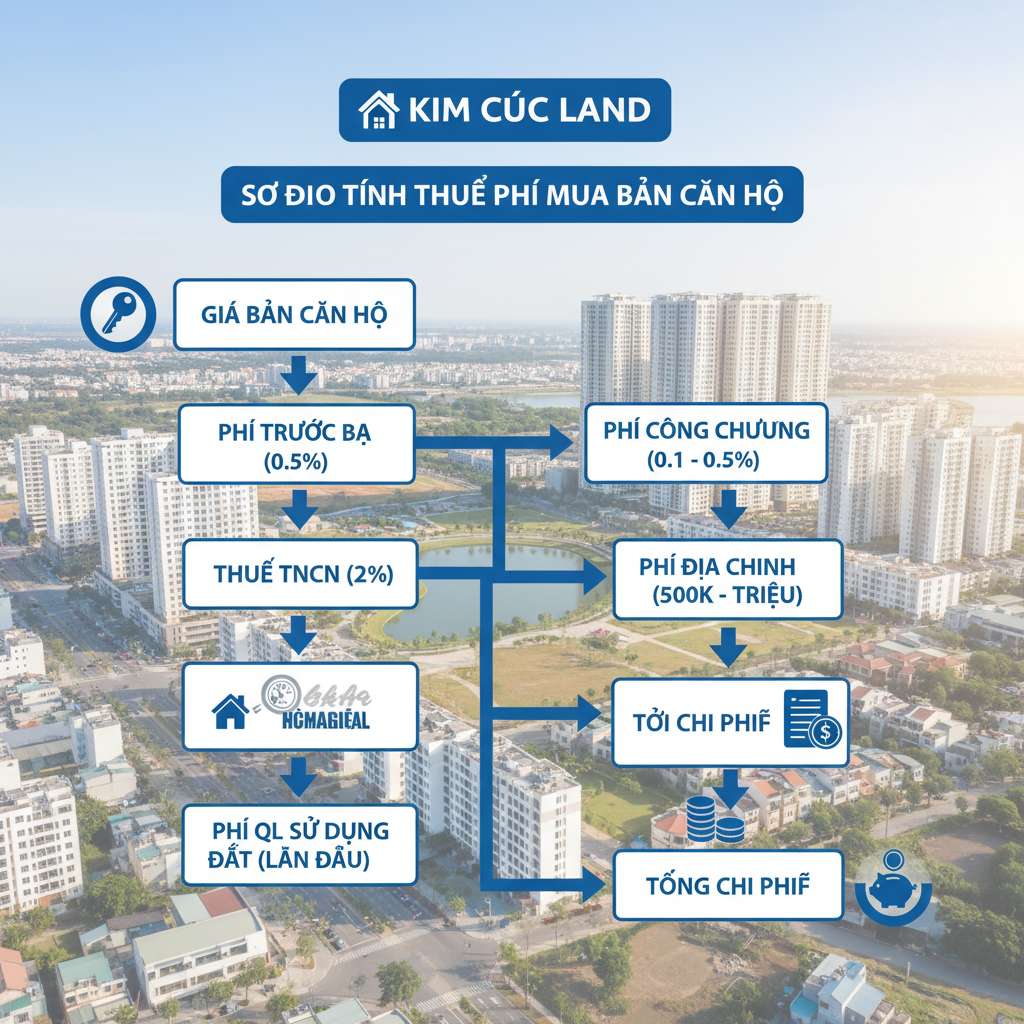 Sơ đồ flowchart trên nền sáng thể hiện các bước tính thuế phí khi mua bán căn hộ chung cư, mỗi ô ghi tên khoản phí kèm phần trăm tương ứng, mũi tên kết nối rõ ràng, biểu tượng tài liệu và tiền, phong cách thiết kế phẳng hiện đại, tông xanh lam và trắng, 4K