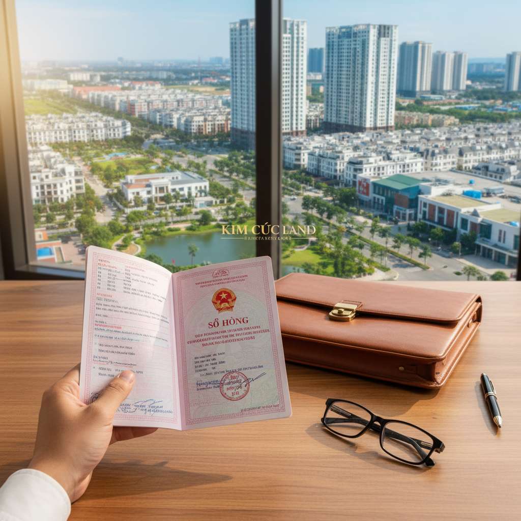 Cận cảnh bàn tay cầm một cuốn sổ hồng (giấy chứng nhận quyền sở hữu nhà) trên nền bàn gỗ sạch sẽ, bên cạnh có cặp tài liệu và kính mắt, ánh sáng tự nhiên ấm áp từ cửa sổ, phong cách chụp ảnh tĩnh vật chuyên nghiệp, tông màu nâu ấm, 4K