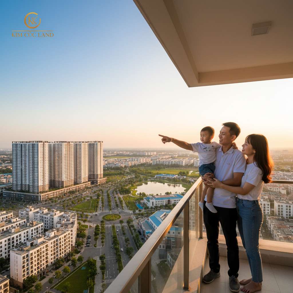Hình ảnh một gia đình trẻ Việt Nam gồm vợ chồng và con nhỏ đang đứng trước ban công căn hộ chung cư hiện đại nhìn ra khu đô thị xanh mát, ánh hoàng hôn ấm áp, biểu cảm hạnh phúc và yên tâm, phong cách nhiếp ảnh lifestyle tự nhiên, tông cam ấm, 4K