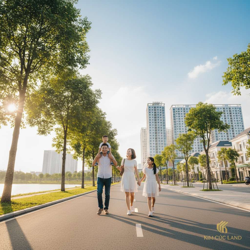 Gia đình trẻ Việt Nam gồm bố mẹ và hai con nhỏ đang dạo bộ trên đường ven hồ điều hòa khu đô thị Thanh Hà, bố bế con trên vai, mẹ dắt tay con gái, phía sau là công viên cây xanh và tòa chung cư, ánh nắng chiều vàng ấm, biểu cảm vui vẻ hạnh phúc, góc chụp từ phía trước hơi thấp, phong cách ảnh lifestyle gia đình tự nhiên