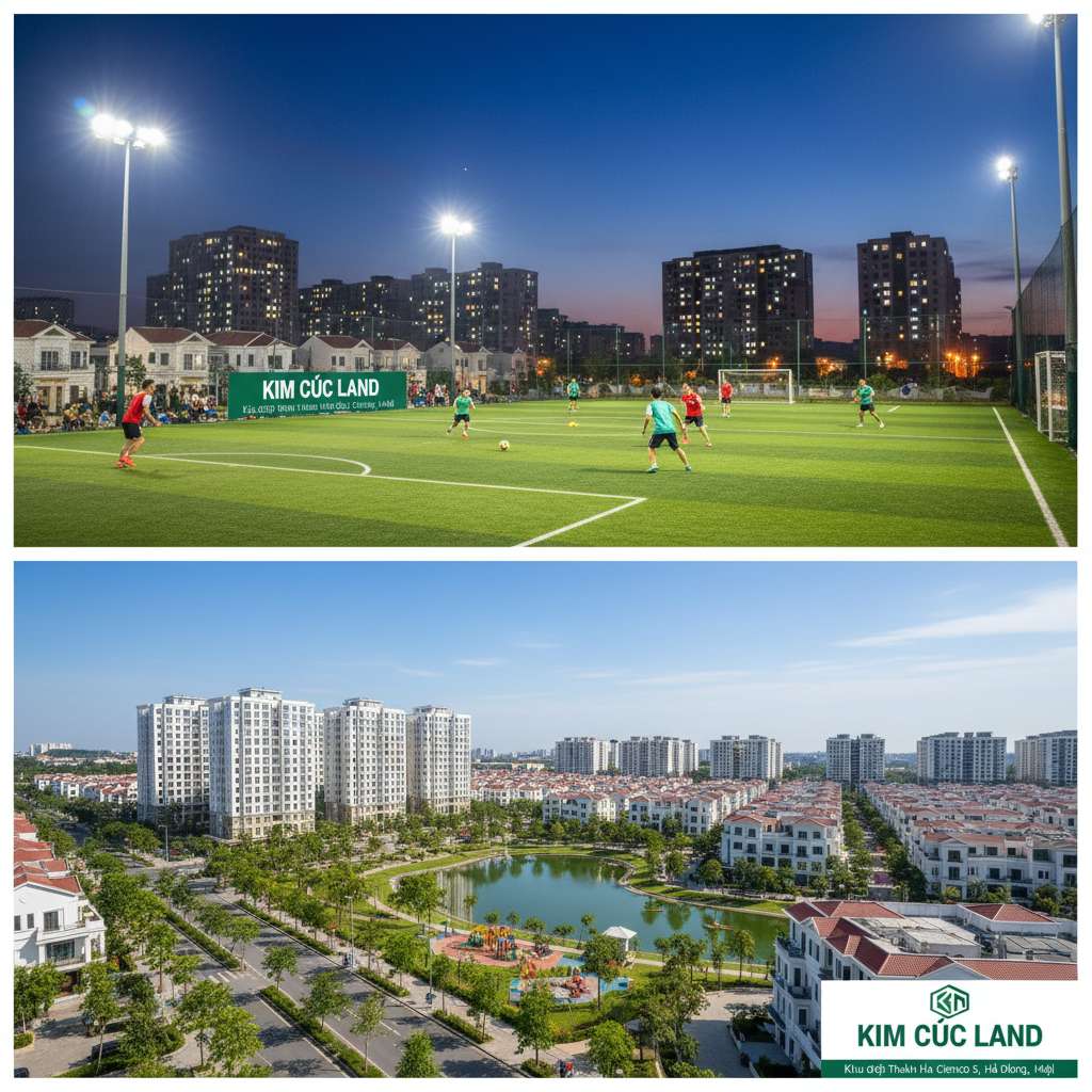 Sân bóng đá mini cỏ nhân tạo trong khu đô thị Thanh Hà vào buổi tối, đèn pha chiếu sáng rực, hai đội cư dân đang thi đấu mặc áo bib xanh-đỏ, khán giả đứng xem bên rào, phía xa là tòa chung cư sáng đèn, bầu trời đêm xanh đậm, góc chụp từ đường biên ngang, phong cách ảnh thể thao cộng đồng