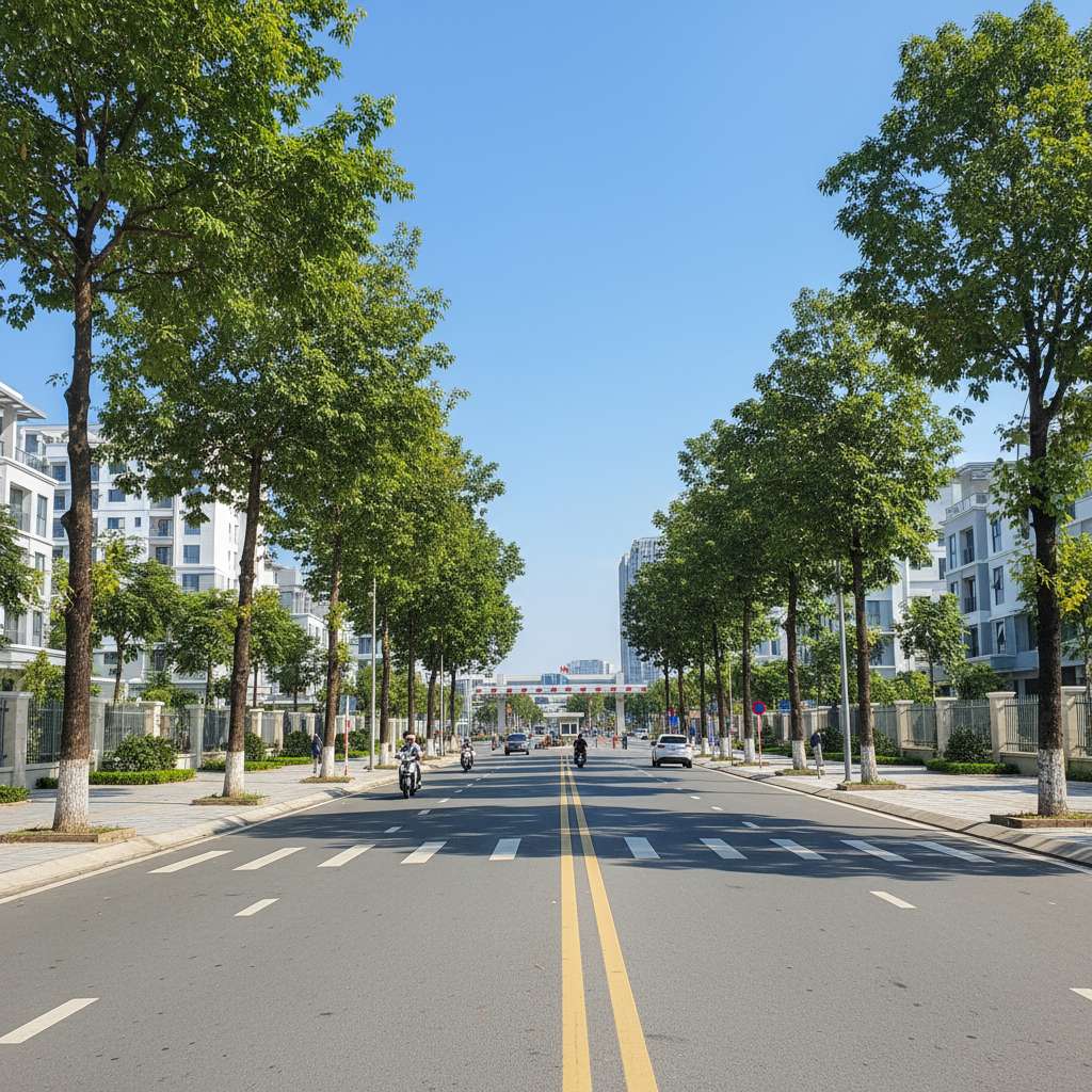 Đường nội khu rộng rãi của khu đô thị Thanh Hà vào ban ngày, mặt đường nhựa phẳng, phân làn sơn trắng rõ ràng, hai bên trồng hàng cây xanh cao bóng mát, vỉa hè lát gạch sạch sẽ, vài ô tô và xe máy đang lưu thông thưa thoáng, phía xa thấy cổng ra vào có barrier và bốt bảo vệ, ánh sáng trưa trong xanh, góc chụp perspective dọc đường, phong cách ảnh kiến trúc hạ tầng