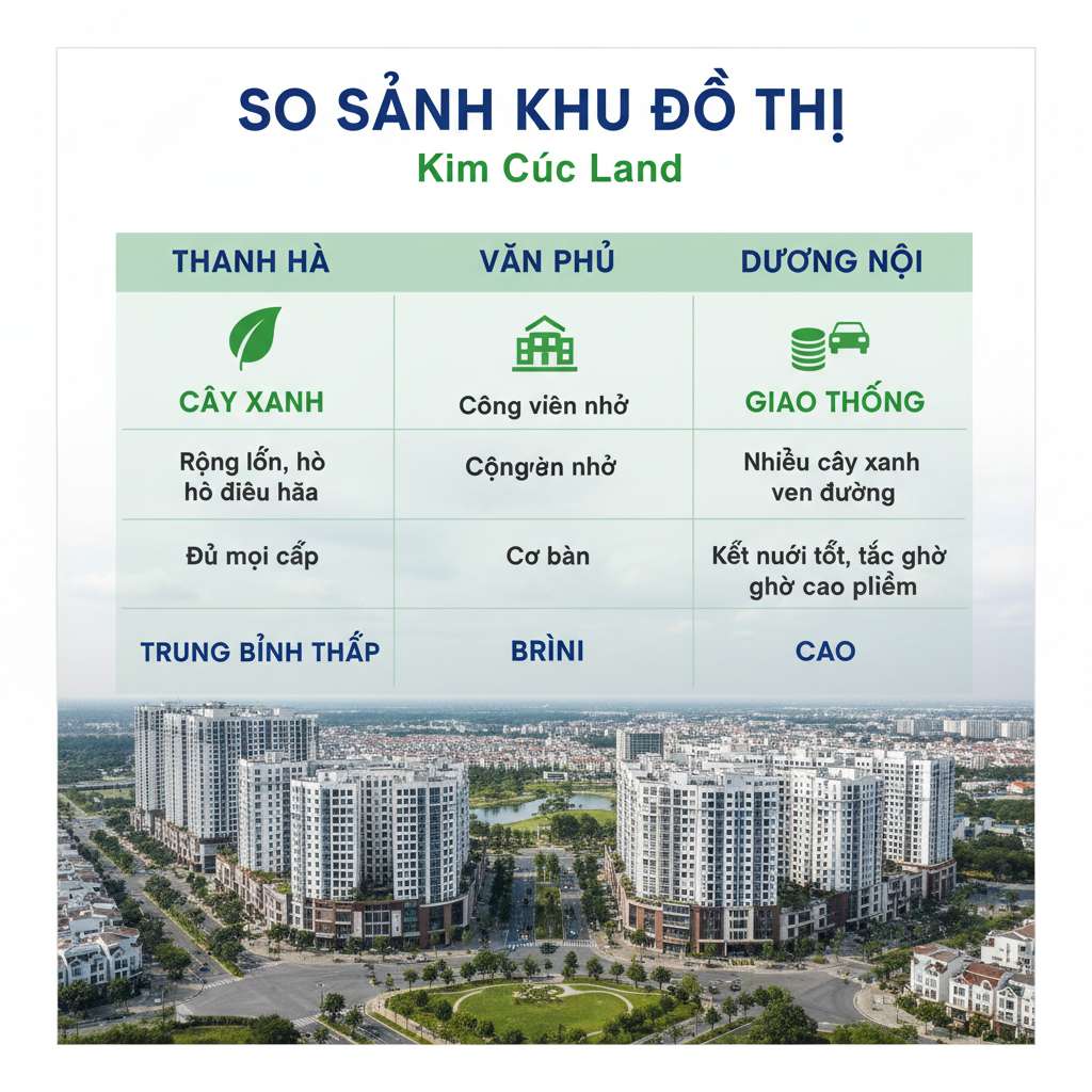 Infographic dạng bảng so sánh ba khu đô thị Thanh Hà, Văn Phú và Dương Nội, thiết kế phẳng hiện đại trên nền trắng, ba cột với icon minh họa cho từng tiêu chí: cây xanh, trường học, giá tiền, giao thông, màu chủ đạo xanh lá và xanh dương, typography rõ ràng, phong cách đồ họa thông tin chuyên nghiệp