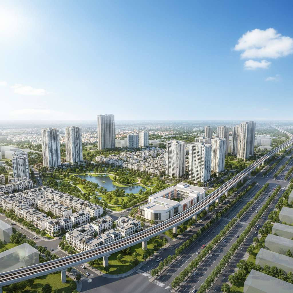 Phối cảnh 3D tuyến đường Vành đai 4 hoặc Metro trên cao đi qua khu vực đô thị phía Tây Hà Nội, phía dưới là khu dân cư với chung cư cao tầng và mảng xanh, đường cao tốc hiện đại nhiều làn xe, bầu trời xanh trong với vài đám mây trắng, ánh sáng ban ngày rực rỡ, góc chụp bird-eye hơi chéo, phong cách render kiến trúc quy hoạch