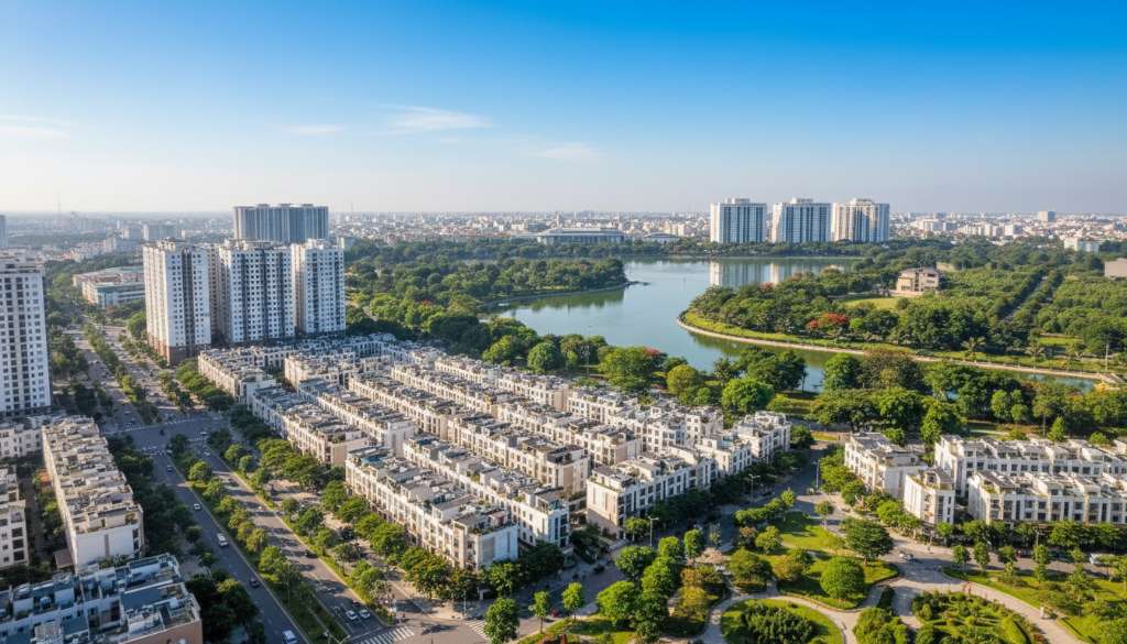 Lớp học tiểu học hiện đại với khoảng 30 học sinh đang giơ tay phát biểu, cô giáo trẻ mỉm cười đứng cạnh bảng tương tác thông minh, phòng học sáng sủa có điều hòa và cửa sổ lớn, góc chụp từ phía cuối lớp nhìn lên, ánh sáng tự nhiên ấm áp, phong cách ảnh editorial giáo dục