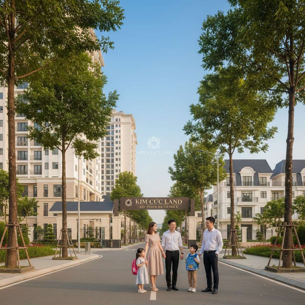 Hai gia đình trẻ Việt Nam đang đứng trò chuyện vui vẻ trên vỉa hè khu dân cư hiện đại, phía sau là cổng trường học với hàng cây xanh mát, trẻ em cầm cặp sách đứng cạnh bố mẹ, ánh sáng chiều dịu nhẹ, phong cách nhiếp ảnh lifestyle tự nhiên, tông màu ấm