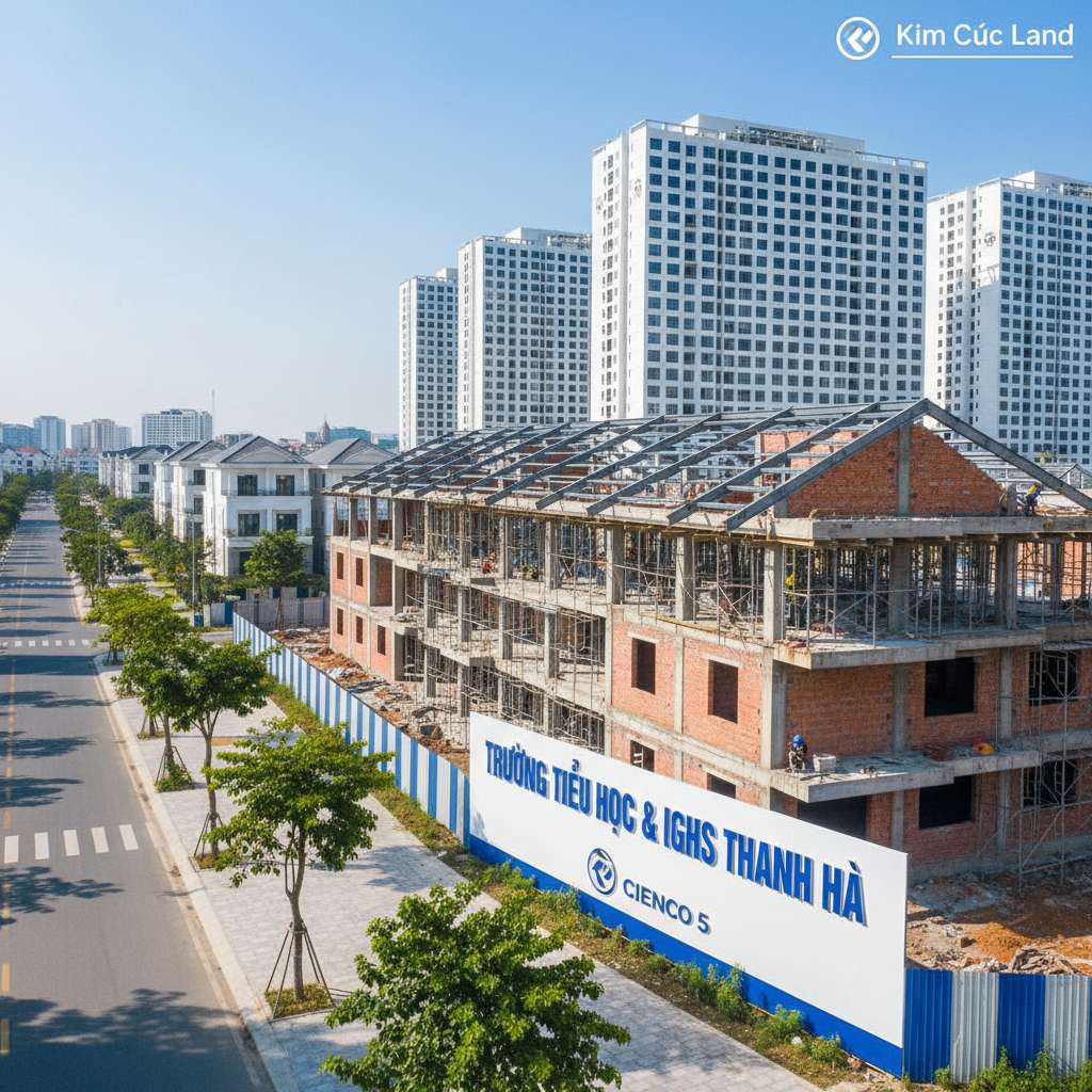 Công trường xây dựng trường học mới trong khu đô thị Thanh Hà, khung thép và tường gạch đang hoàn thiện tầng 2-3, công nhân đội mũ bảo hộ làm việc trên giàn giáo, biển dự án ghi tên trường nổi bật phía trước, nền phía sau là các tòa chung cư Thanh Hà đã hoàn thiện và có người ở, cây xanh non mới trồng dọc hàng rào công trường, ánh nắng ban ngày rõ ràng, góc chụp nghiêng từ vỉa hè