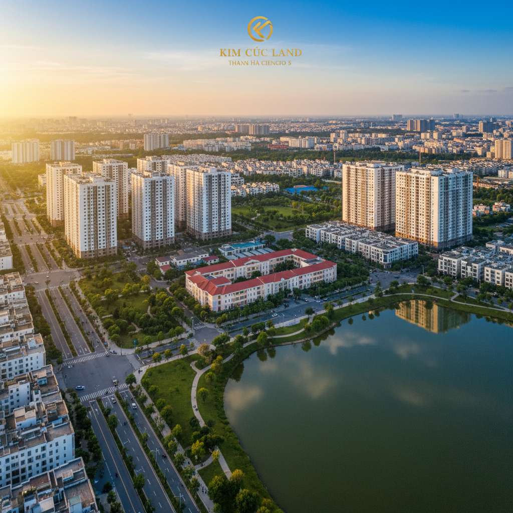 Toàn cảnh khu đô thị Thanh Hà nhìn từ trên cao lúc hoàng hôn, ánh nắng vàng phủ lên các tòa chung cư cao tầng xen kẽ mảng xanh cây cối và mặt hồ Thanh Hà phản chiếu bầu trời, đường nội khu sạch đẹp với người dân đi dạo, khu trường học nội khu nổi bật ở trung tâm khung hình với mái ngói đỏ nổi bật giữa các tòa nhà, góc chụp drone bay cao nghiêng nhẹ, tông ấm golden hour, chất lượng 4K