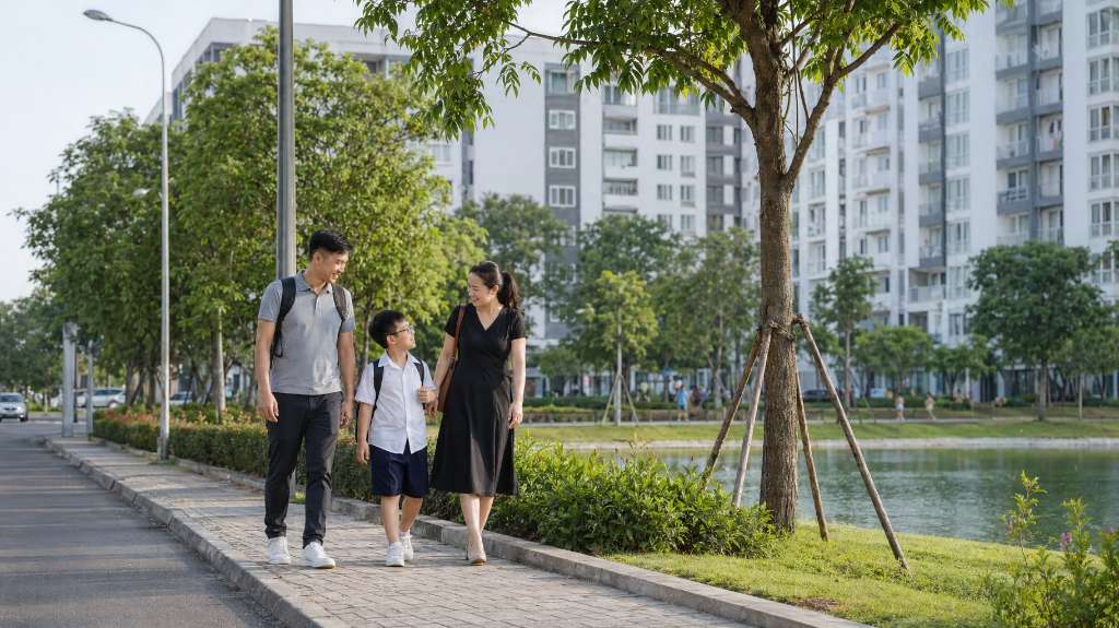 Gia đình dạo bước bên khu đô thị