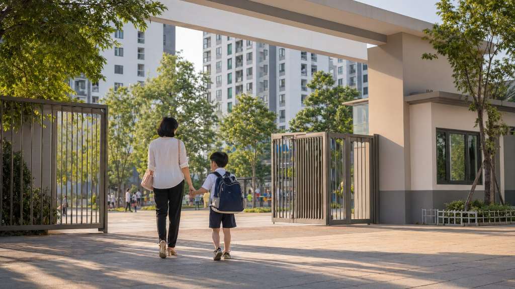 Phụ huynh đưa con đến trường tiểu học