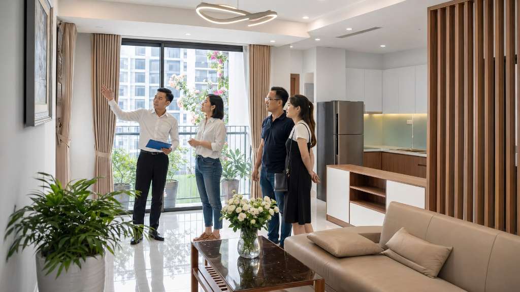 Nhóm khách tham quan căn hộ mẫu