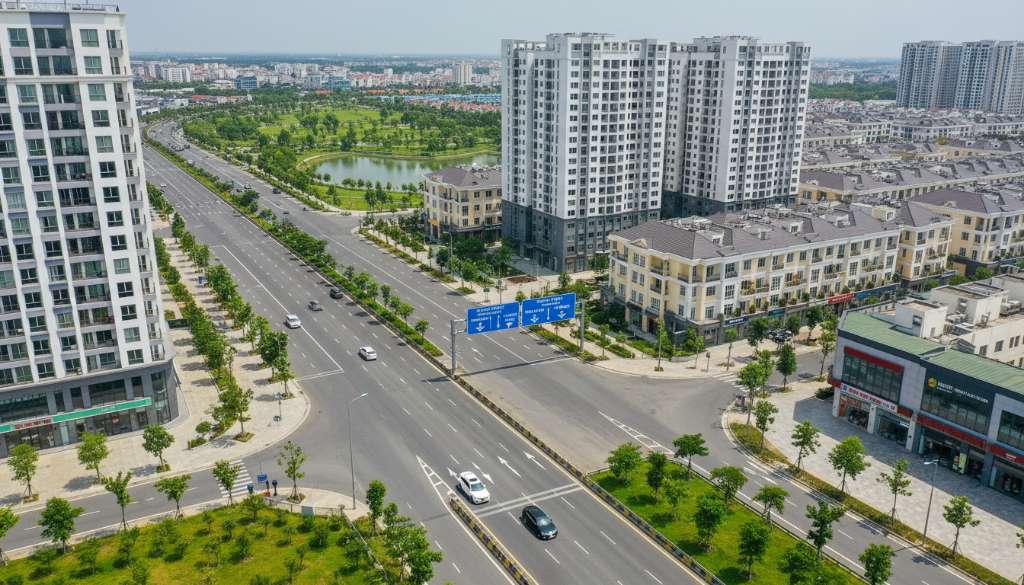 Một chiếc ô tô đang di chuyển trên đường cao tốc rộng rãi nhiều làn xe vào ban ngày, hai bên có dải phân cách xanh và biển chỉ dẫn giao thông. Phía trước là ngã rẽ với các mũi tên chỉ hướng khác nhau. Phong cách chụp từ drone góc nghiêng 45 độ, 4K, ánh sáng ban ngày rõ ràng, tông xanh lá và xám nhẹ.