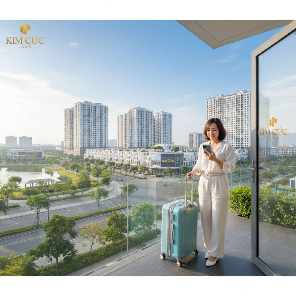 Một người phụ nữ Việt Nam đang đứng trước cửa nhà kéo vali, tay cầm điện thoại kiểm tra ứng dụng đặt xe. Phía sau là khu dân cư hiện đại với cây xanh, sáng sớm, ánh sáng mềm mại. Phong cách lifestyle photography, 4K, tông sáng tươi, không khí chuẩn bị cho chuyến đi.