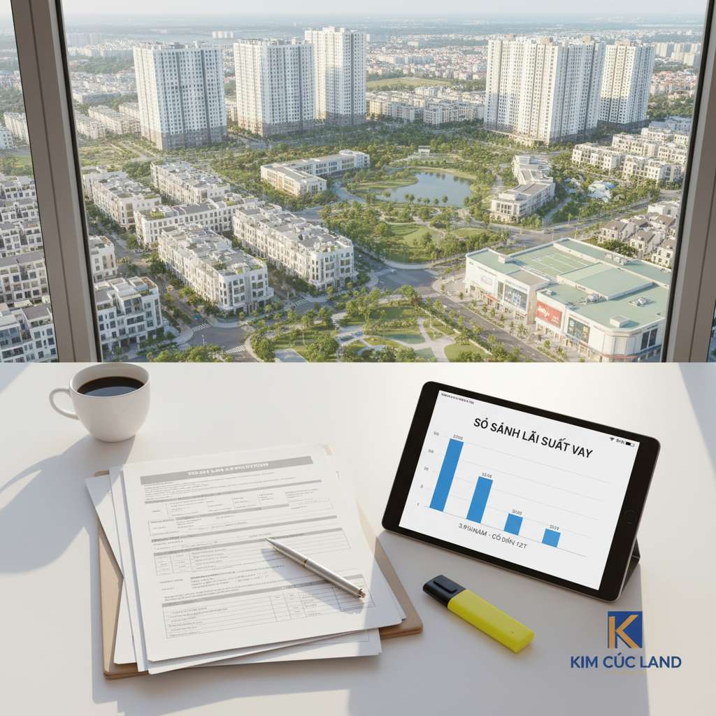 Bàn làm việc gọn gàng nhìn từ trên xuống, trên bàn có tài liệu hồ sơ vay ngân hàng, máy tính bảng hiển thị bảng so sánh lãi suất dạng cột, bên cạnh là cốc cà phê và bút highlight vàng đánh dấu dòng lãi suất thấp nhất. Ánh sáng tự nhiên buổi sáng, tông trắng ấm, phong cách flat lay chuyên nghiệp, 4K.