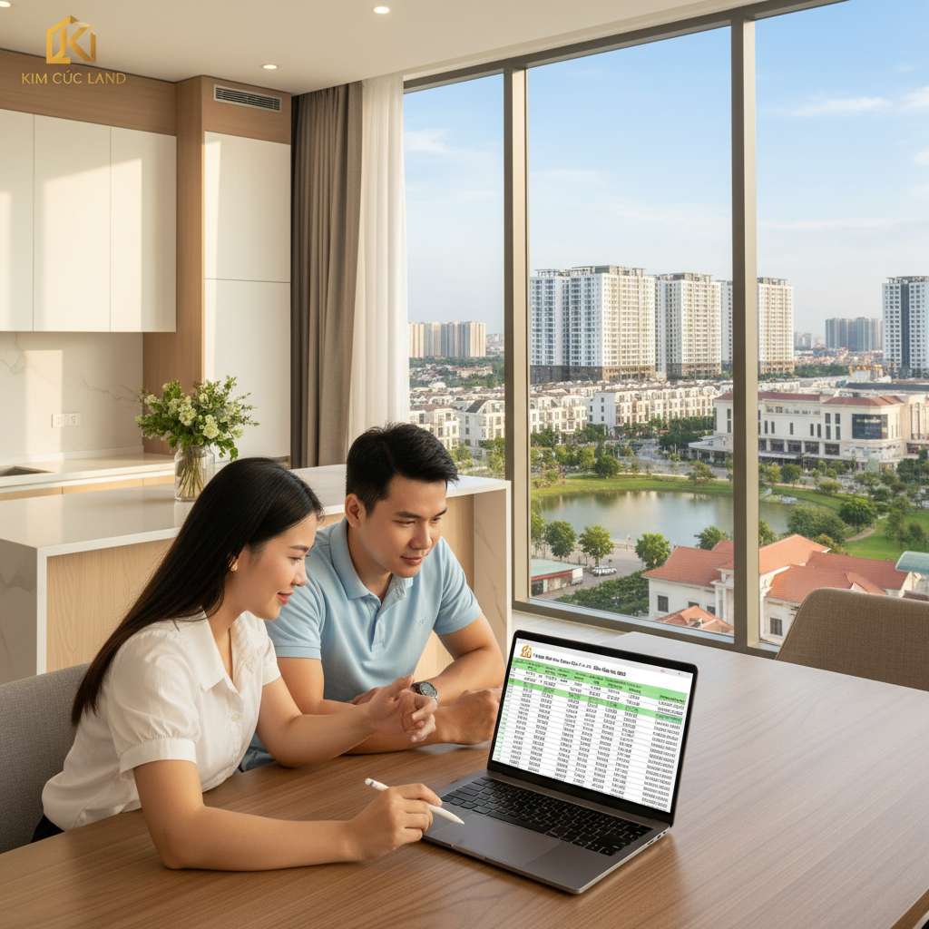 Cặp vợ chồng trẻ Việt Nam ngồi ở bàn ăn trong căn hộ chung cư hiện đại, cùng nhau nhìn vào máy tính xách tay màn hình hiển thị bảng tính Excel, biểu cảm tập trung và lạc quan. Phòng bếp mở phía sau sáng sủa, nội thất tối giản tông trắng — gỗ, ánh sáng buổi chiều từ cửa sổ, phong cách lifestyle photography, 4K.