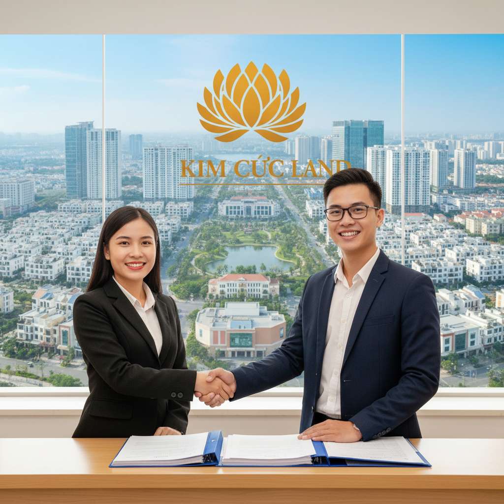 Nhân viên ngân hàng nữ mặc vest chuyên nghiệp đang bắt tay với khách hàng nam trẻ tuổi tại quầy giao dịch sáng sủa, phía sau là logo ngân hàng mờ (không rõ tên), trên bàn có hồ sơ giấy tờ đã hoàn tất. Biểu cảm hai bên tươi cười hài lòng, ánh sáng studio trắng ấm, phong cách corporate photography, 4K.