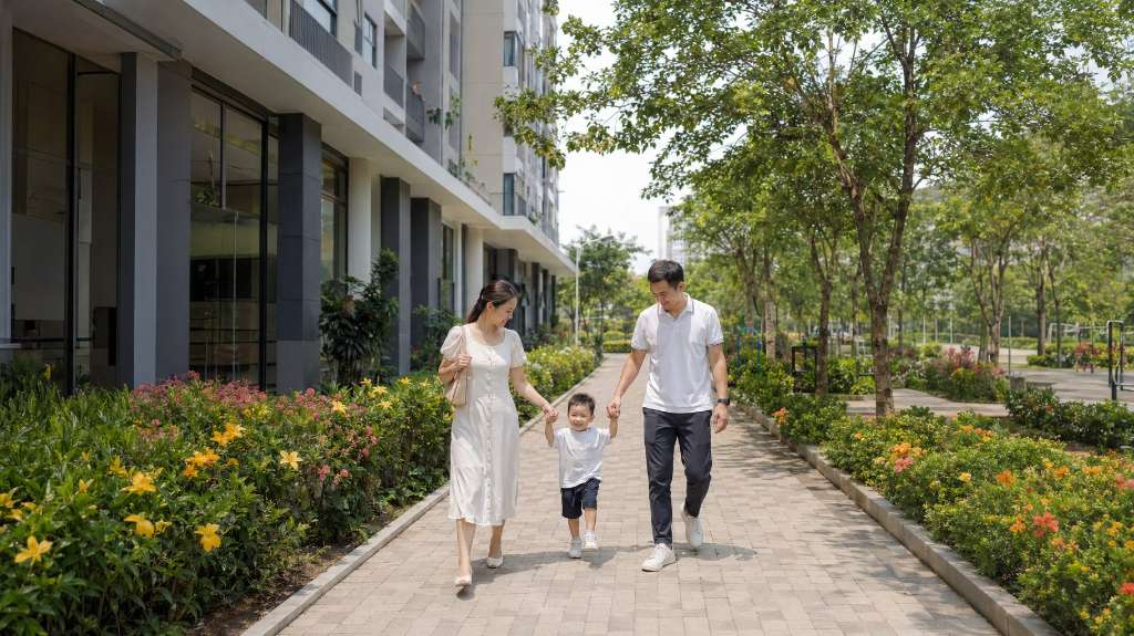 Gia đình trẻ dạo bộ giữa vườn hoa rực rỡ