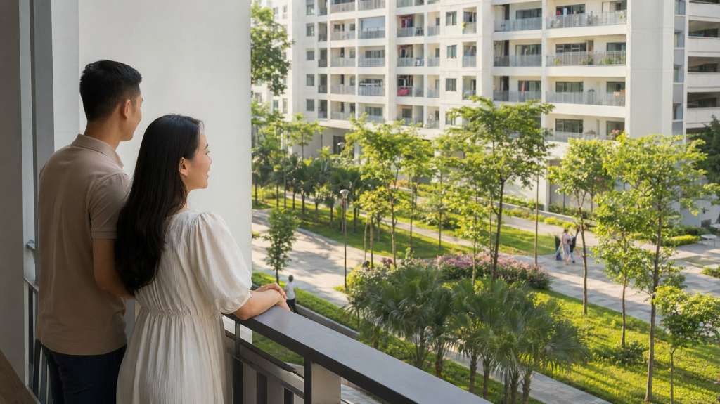 Cặp đôi ngắm nhìn khu vườn xanh mát từ ban công
