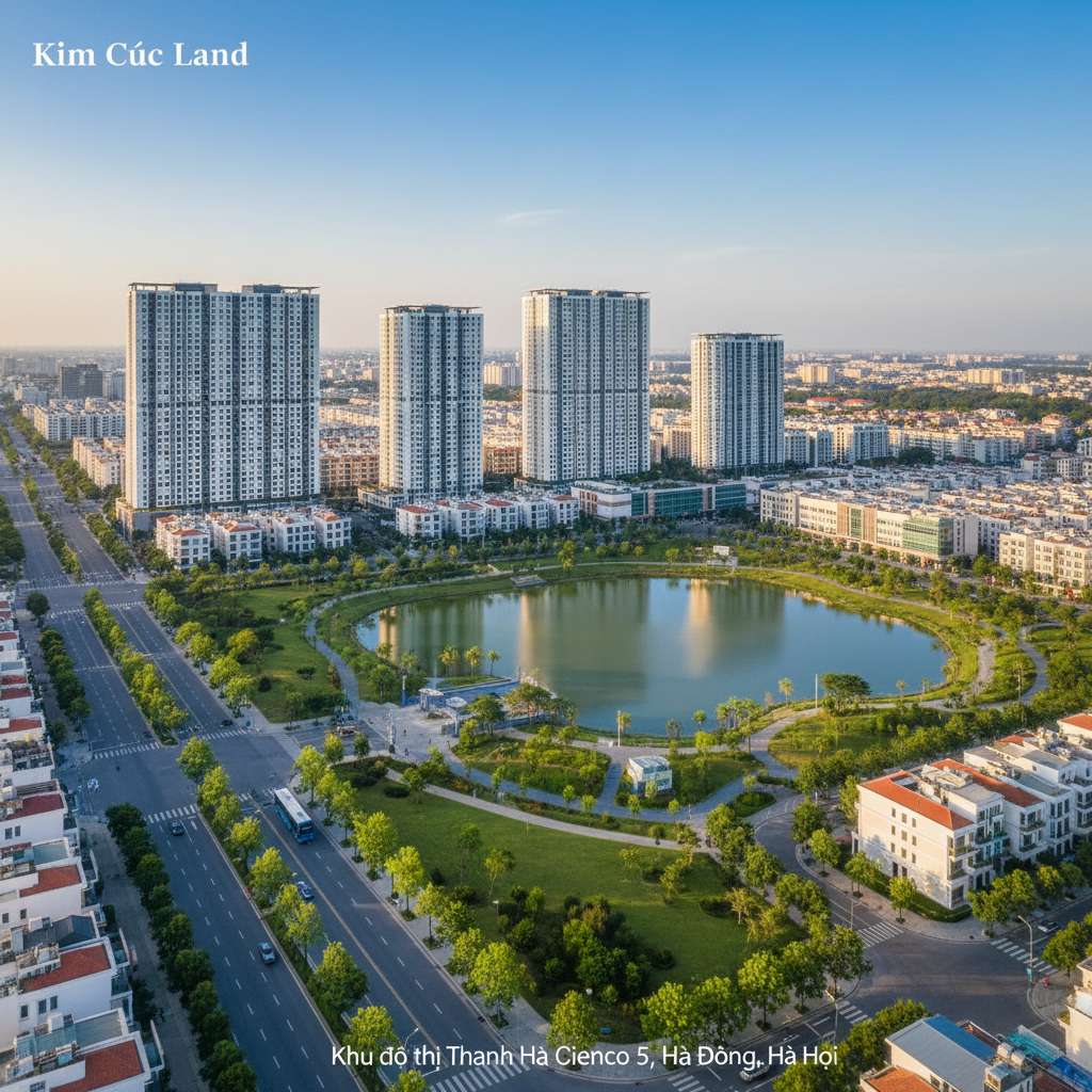 Ảnh toàn cảnh chụp từ trên cao (drone) khu đô thị Thanh Hà Cienco 5, nhìn rõ các tòa chung cư cao tầng, đường nội khu rộng rãi có xe buýt đang chạy, hồ điều hòa và mảng xanh xung quanh, bầu trời xanh trong, ánh sáng chiều vàng ấm, phong cách ảnh bất động sản cao cấp