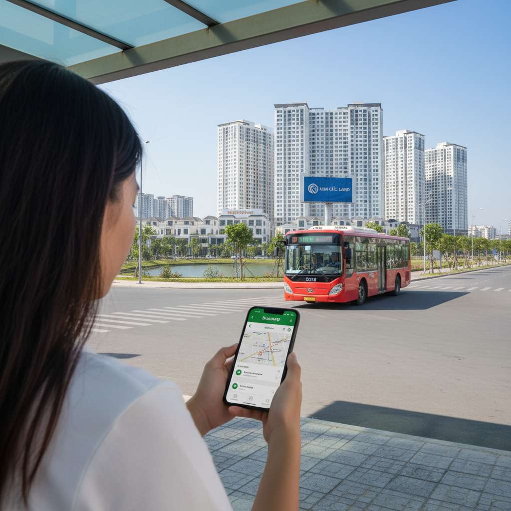 Ảnh chụp một cư dân trẻ đang nhìn vào điện thoại hiển thị giao diện ứng dụng BusMap, đứng tại nhà chờ xe buýt có mái che trong khu đô thị Thanh Hà, phía sau thấy xe buýt đang tiến đến, ánh sáng ban ngày tươi sáng, góc chụp qua vai nhìn vào màn hình điện thoại, phong cách ảnh lifestyle đô thị