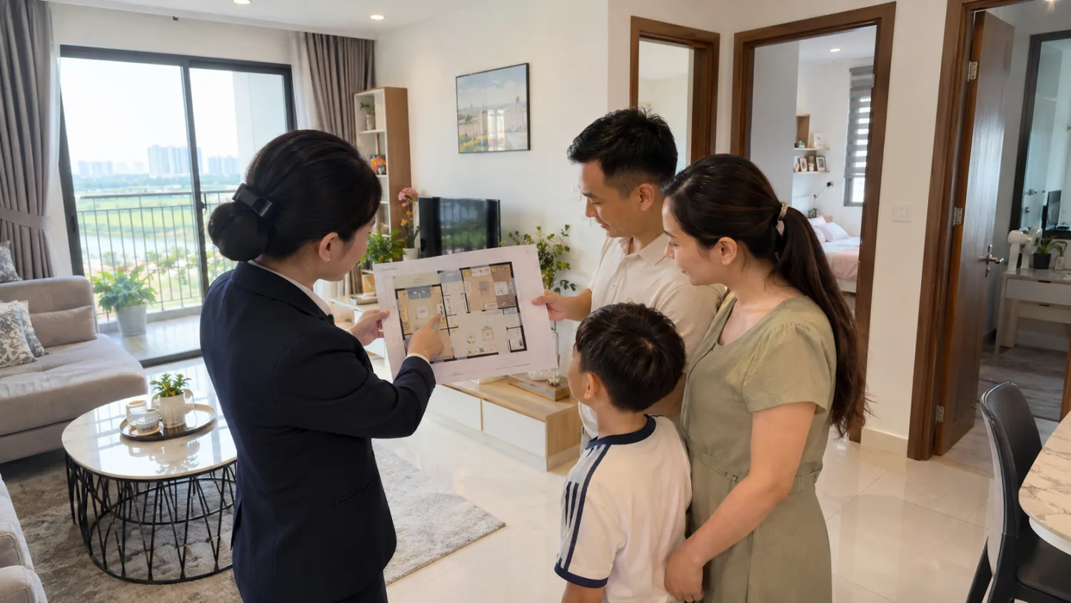 Gia đình đối chiếu mặt bằng căn hộ Thanh Hà với vị trí phòng ngủ trong phòng khách