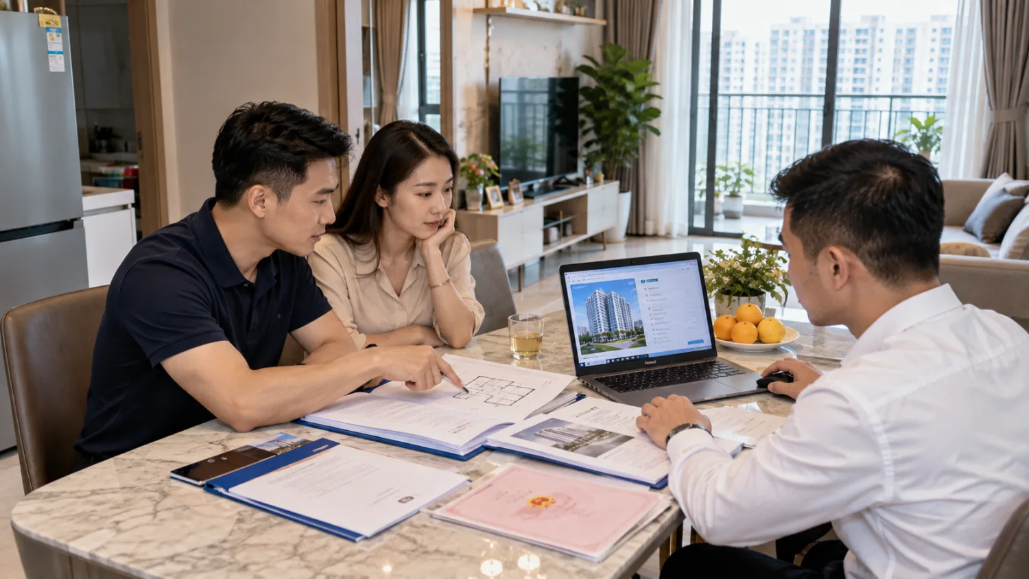Người mua và người bán đối chiếu giấy tờ căn hộ Thanh Hà với thông tin trên máy tính