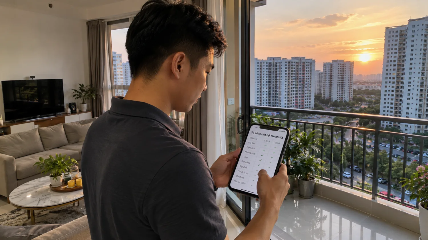 Người mua ghi chú trên điện thoại sau khi xem ban công và phòng khách căn hộ Thanh Hà