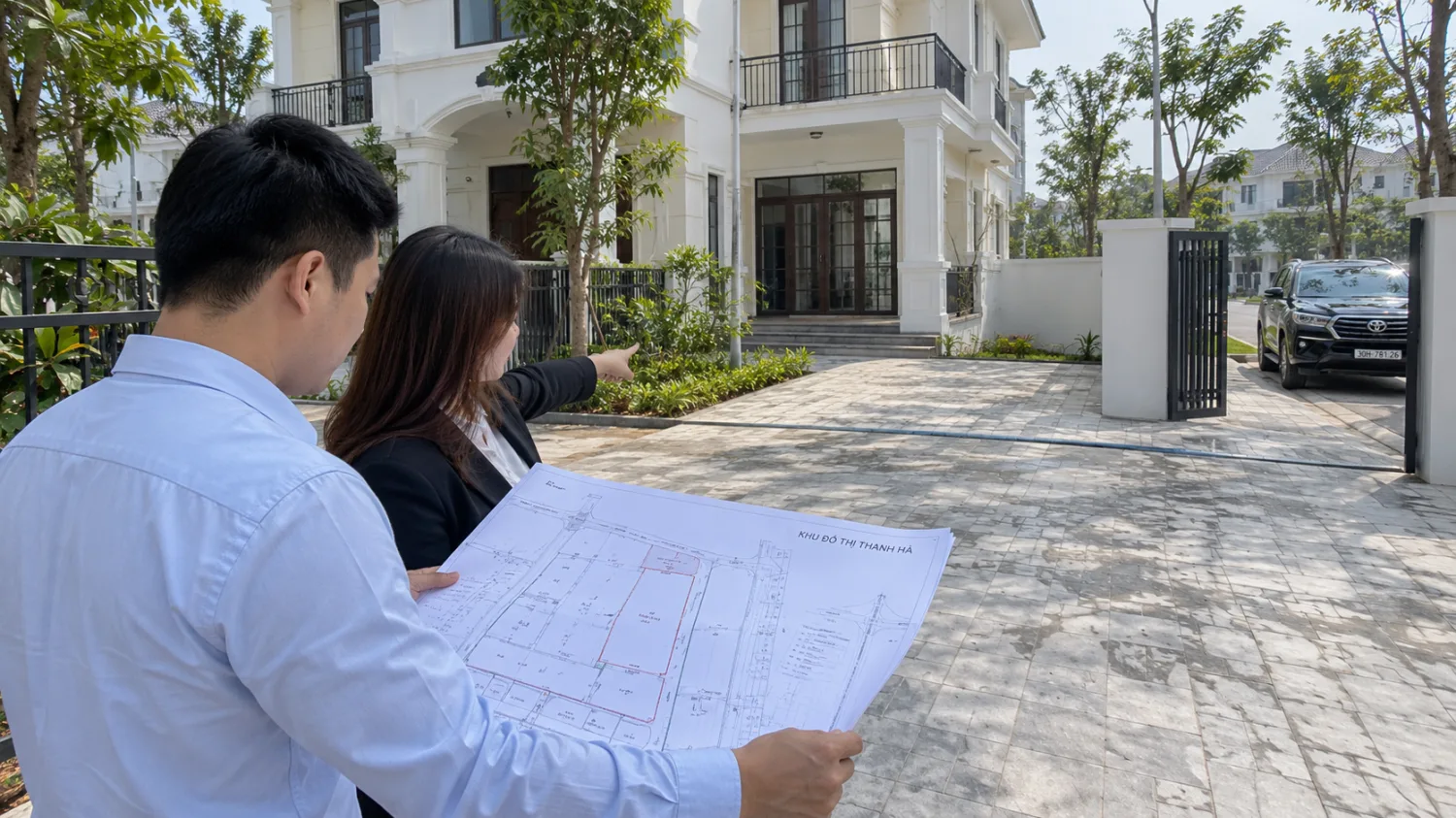 Người mua và tư vấn đối chiếu bản vẽ lô đất với sân, tường rào và lối xe vào biệt thự Thanh Hà