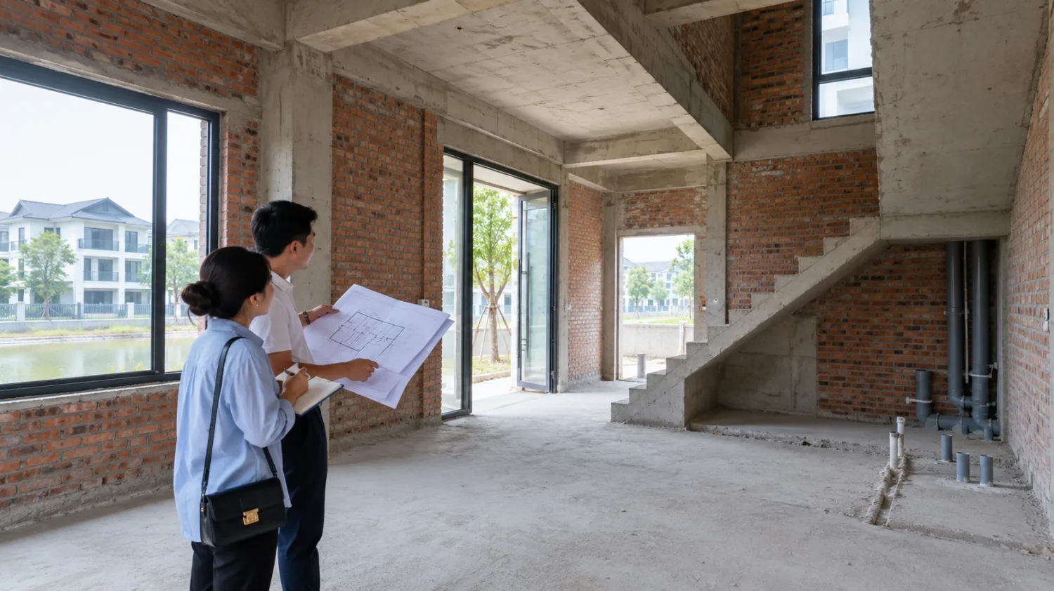 Người mua khảo sát biệt thự xây thô Thanh Hà, ghi chú vị trí cầu thang, cửa sổ và đường cấp thoát nước