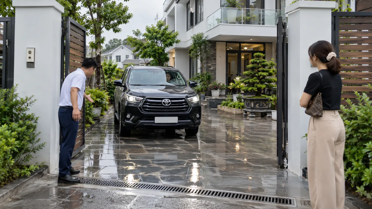 Người mua thử lái xe qua cổng biệt thự đơn lập Thanh Hà, kiểm tra khoảng trống hai bên và sân ẩm sau mưa