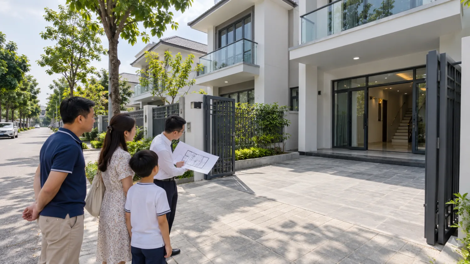 Gia đình xem mặt bằng, quan sát lối vào và sân của biệt thự song lập tại Thanh Hà