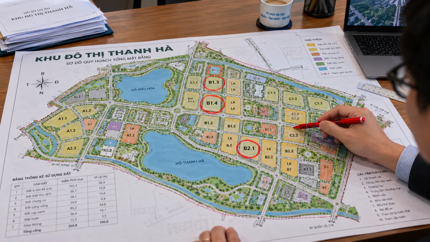 Bàn tay cầm bút đỏ khoanh các ô đất B1.3, B1.4, B2.1 trên sơ đồ quy hoạch Khu đô thị Thanh Hà đặt trên bàn gỗ