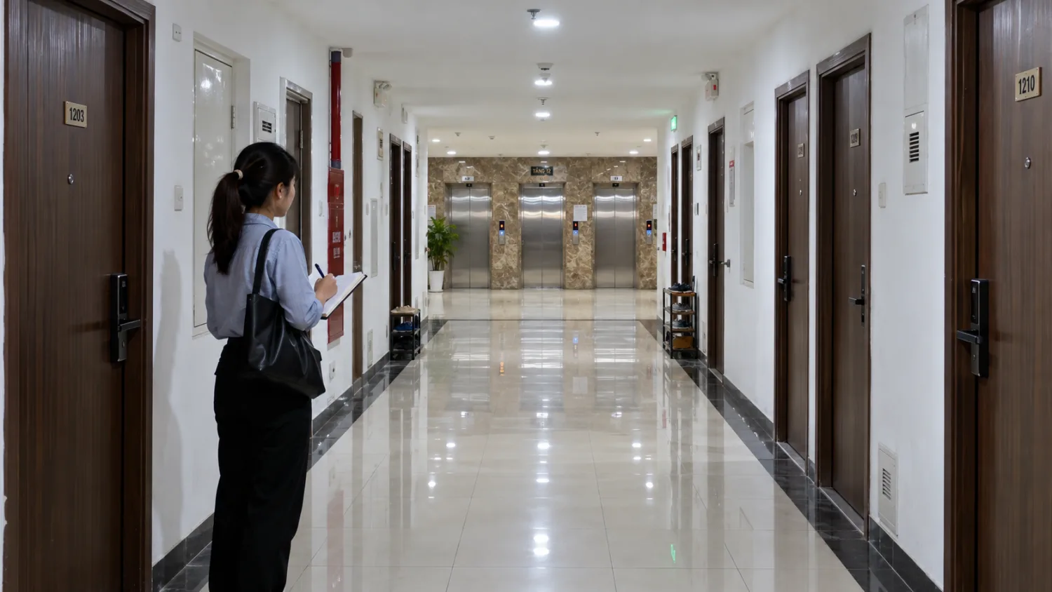 Người phụ nữ trẻ cầm sổ ghi chép đếm cửa căn hộ trong hành lang chung cư Thanh Hà, cuối hành lang là ba thang máy inox