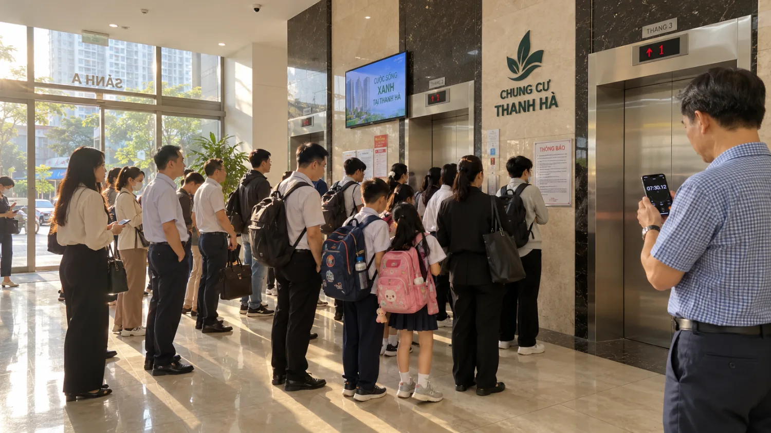 Cư dân và học sinh xếp hàng chờ thang máy ở sảnh tầng trệt chung cư Thanh Hà vào buổi sáng, một người đàn ông bấm giờ