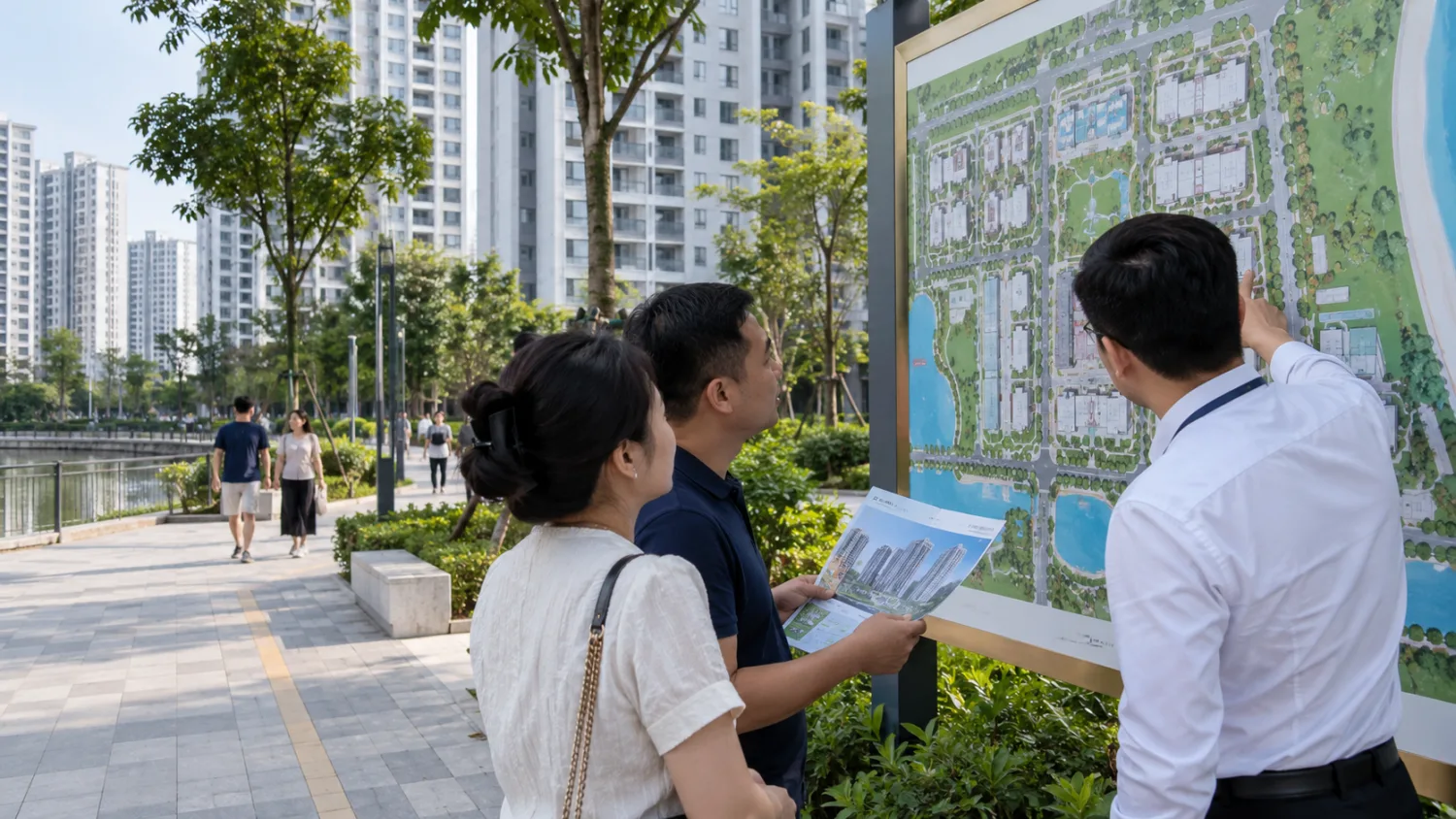 Người mua đối chiếu tài liệu dự án với bảng thông tin tòa căn hộ tại Khu đô thị Thanh Hà